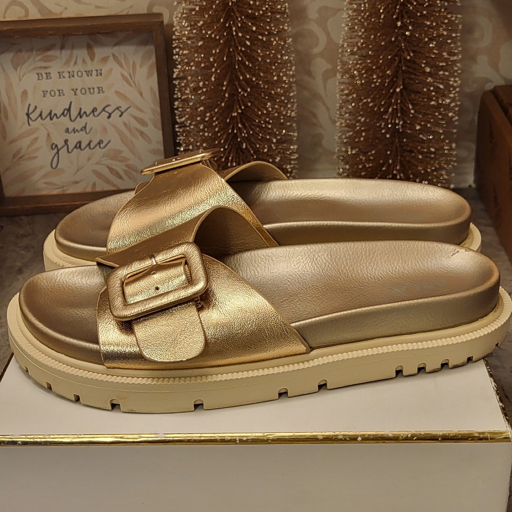 MIA Metallic Gold Slide Sandals - Picture 2 of 8